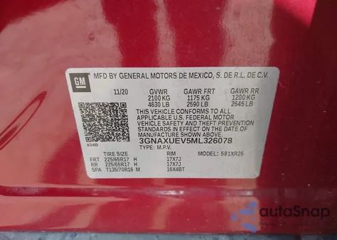 2021 Chevrolet Equinox Awd Lt из США, поврежденный, VIN 3GNAXUEV5ML326078